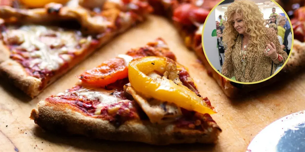Pyszna pizza Magdy Gessler z papryką i pomidorami, obok jej zdjęcie.
