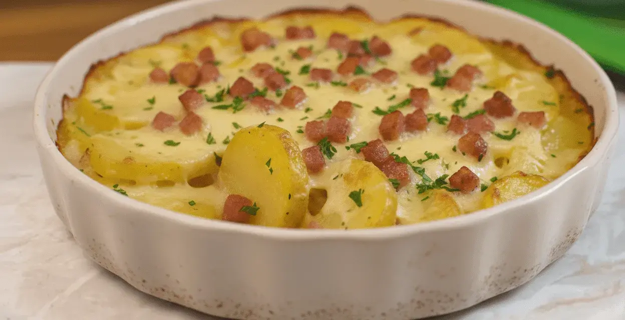Truffade au four, un plat réconfortant de pommes de terre gratinées, parsemé de lardons et de persil frais.