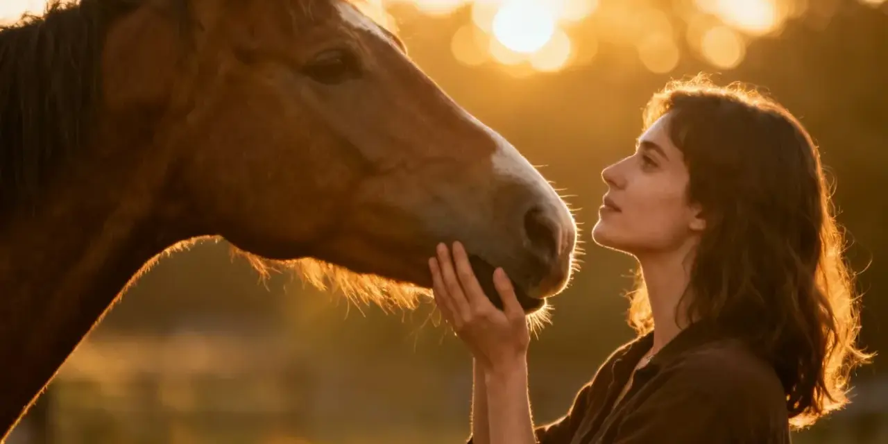 Un homme et son cheval partagent un moment tendre au coucher du soleil.
