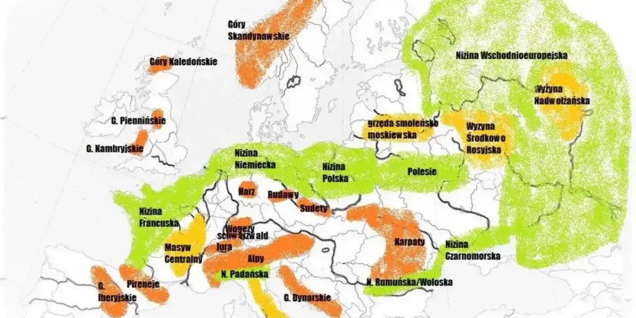 Mapa Europy z zaznaczonymi pasmami górskimi, nizinami i wyżynami. Kolory wskazują różne typy ukształtowania terenu.