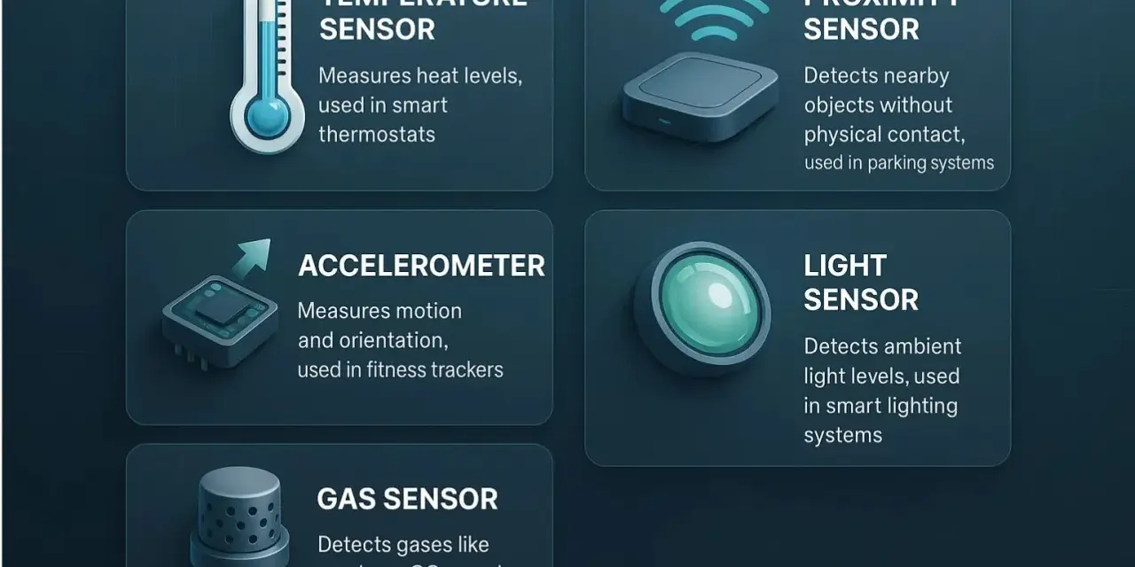 An IoT device example: temperature, proximity, accelerometer, light, and gas sensors, each with unique functions for smart homes and systems.