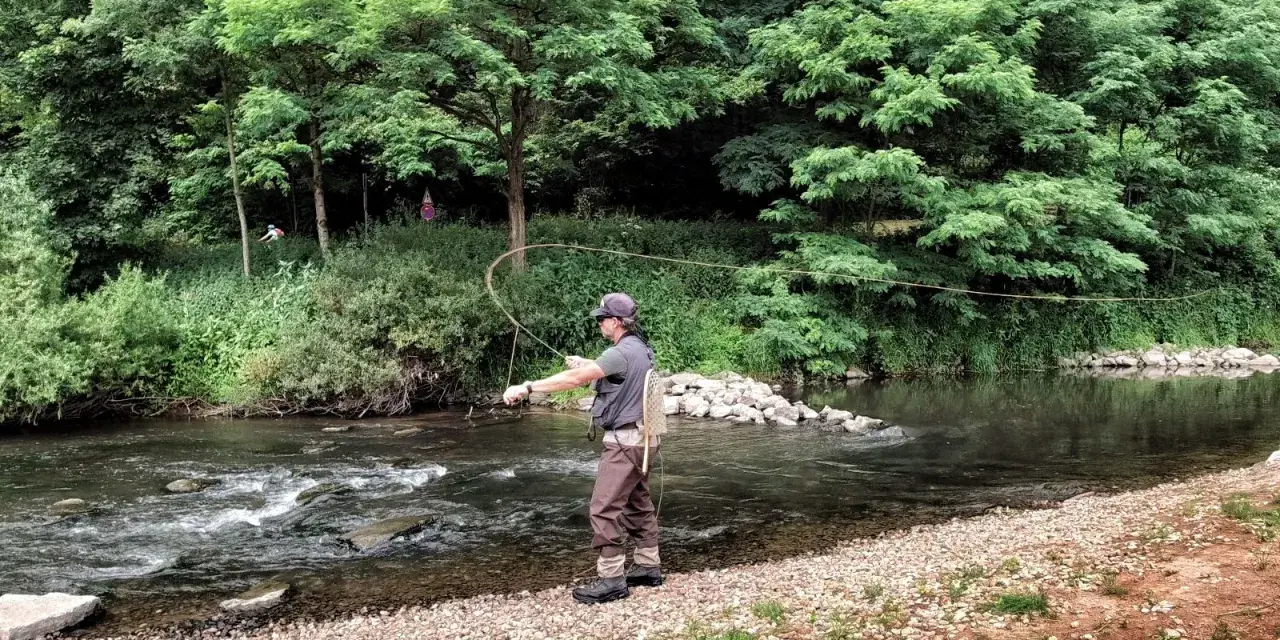 Ein Angler übt die fliegenfischen wurftechnik an einem Fluss. Die Schnur bildet einen eleganten Bogen in der Luft.