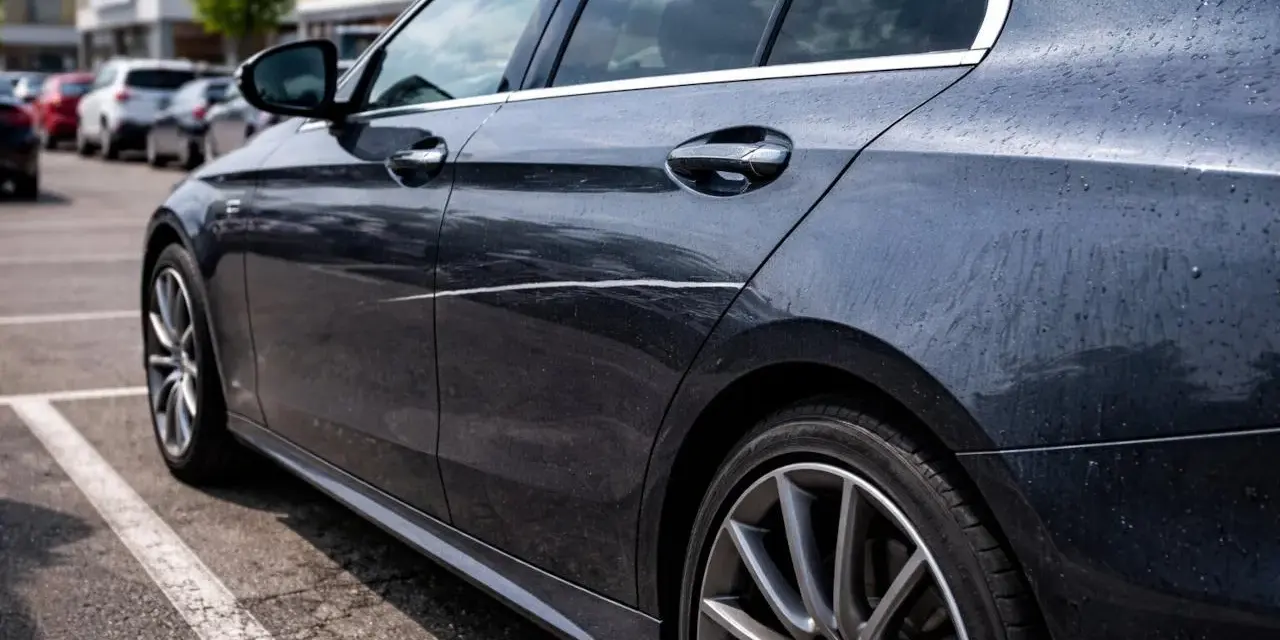 Ciemny samochód na parkingu z widocznym, długim, nieświadomym zarysowaniem na drzwiach.