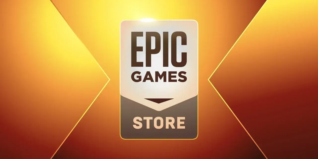 Logo Epic Games Store na tle gradientu pomarańczowo-żółtego. Czekają na Ciebie epic games darmowe gry!