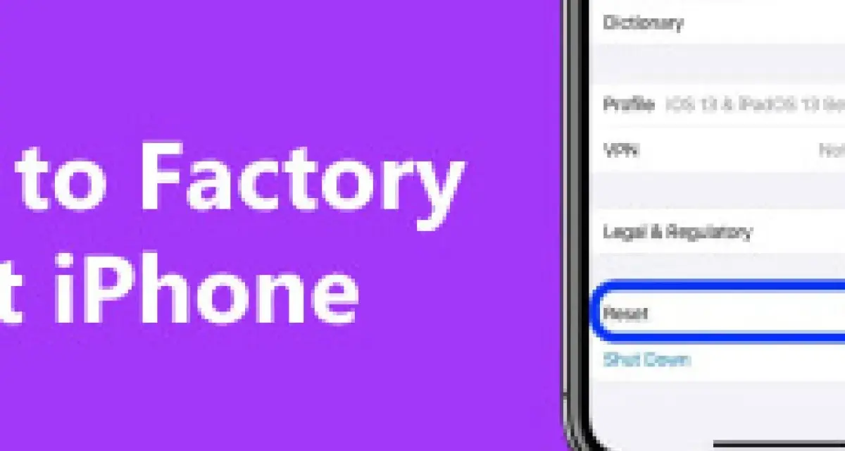 Ekran iPhone z zaznaczoną opcją "Reset" na fioletowym tle z tekstem.