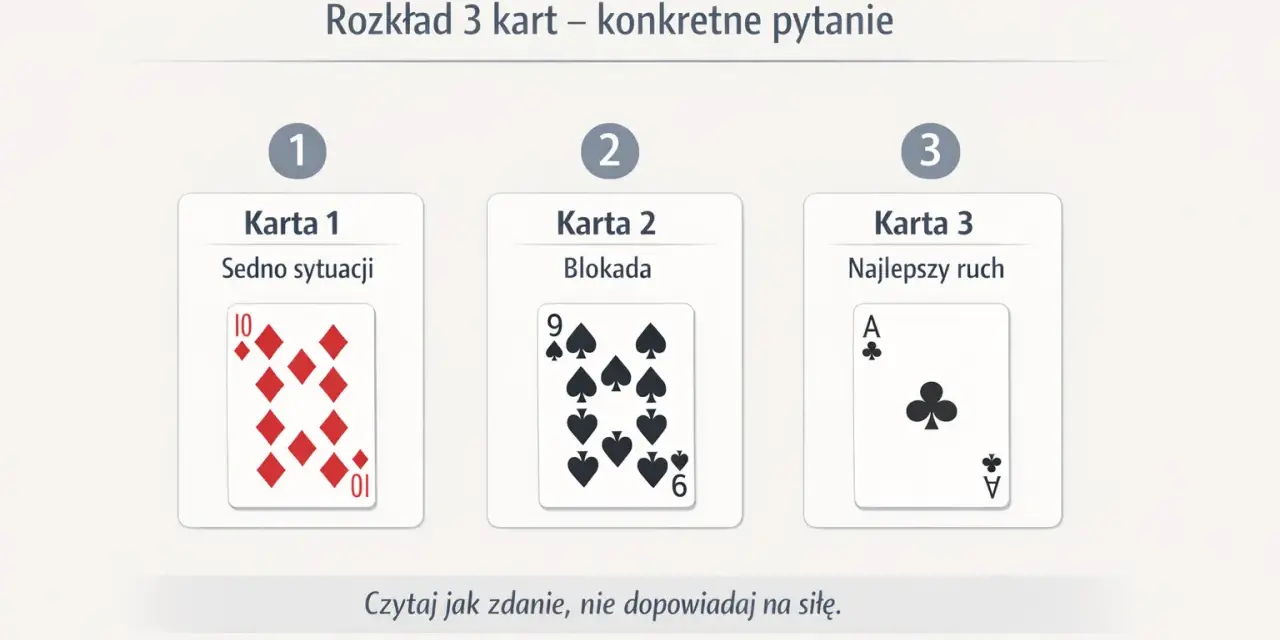 Rozkład 3 kart klasycznych: sedno sytuacji (10 karo), blokada (9 pik) i najlepszy ruch (As trefl). Twoje przeznaczenie z kart klasycznych.