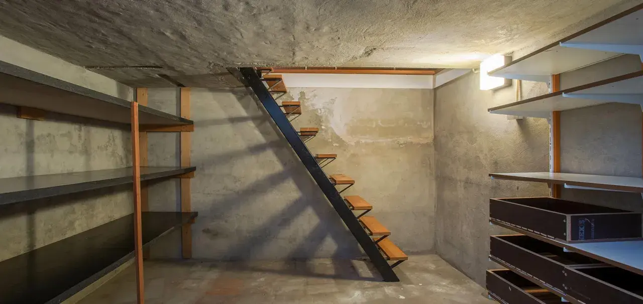 Escaliers métalliques menant à une cave en cours d'aménagement, avec étagères brutes et murs en béton. Idéal pour creuser une cave sous sa maison.