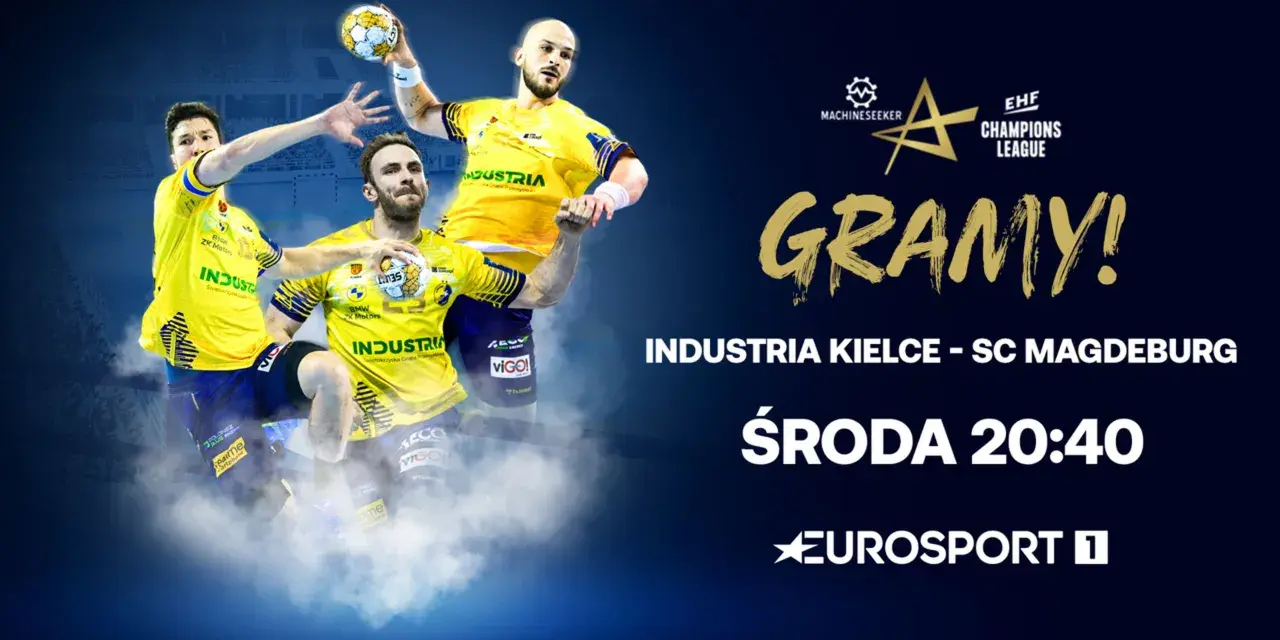 Trzech zawodników w żółtych koszulkach z logo Industria, gotowych do akcji w lidze europy piłka ręczna. Mecz Industria Kielce - SC Magdeburg w środę o 20:40 na Eurosport 1.