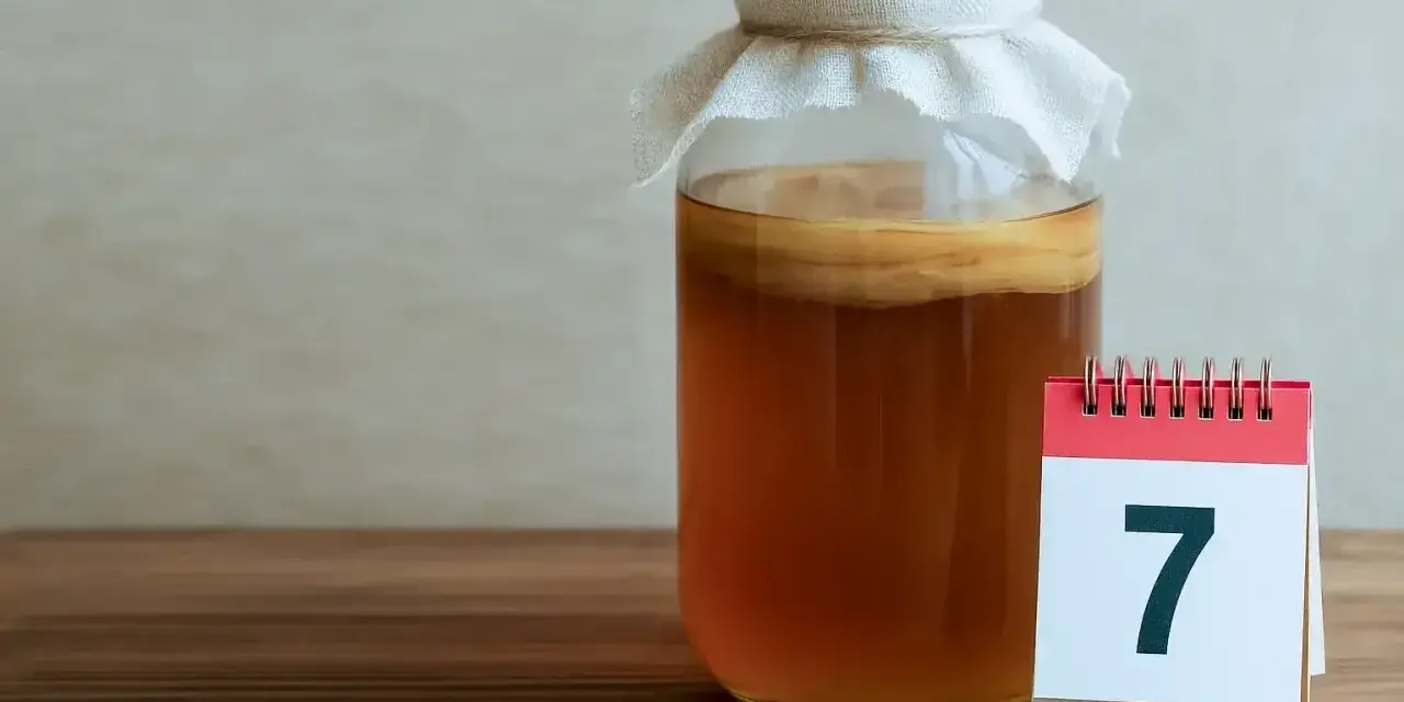 Słoik z kombuchą i kalendarz z cyfrą 7. Poznaj niezwykłe kombucha właściwości i zacznij swoją przygodę z fermentacją.