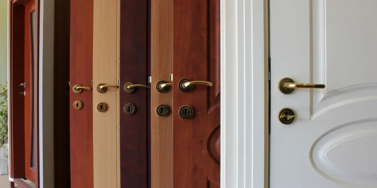 Variedad de tipos de puertas de madera y blancas, con diferentes acabados y manijas doradas.