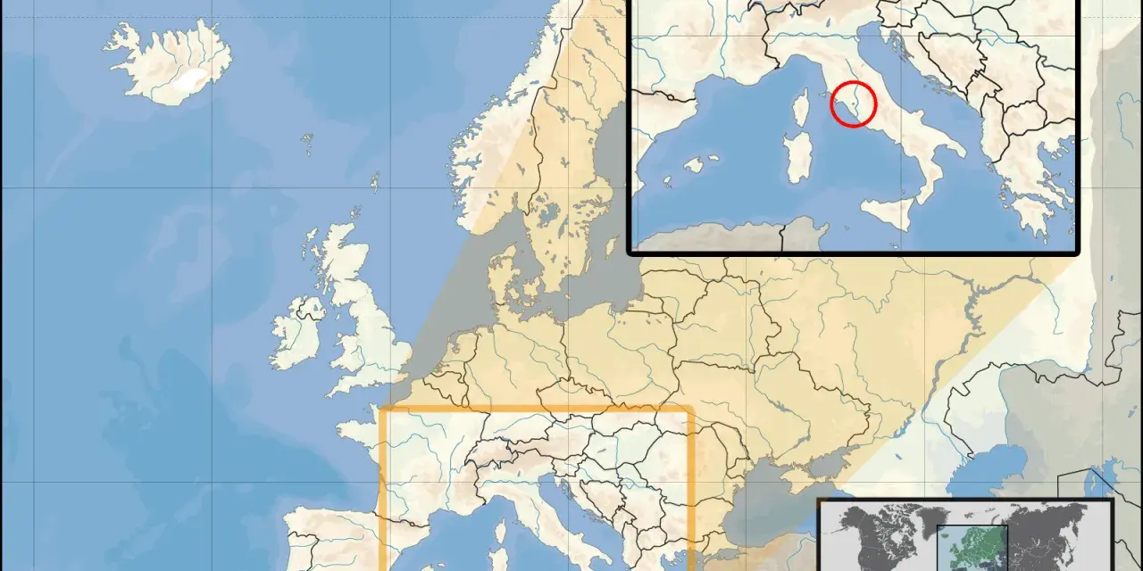 Mapa Europy z zaznaczonym Rzymem i Watykanem. Gdzie jest Watykan? Włochy, w obrębie Rzymu.