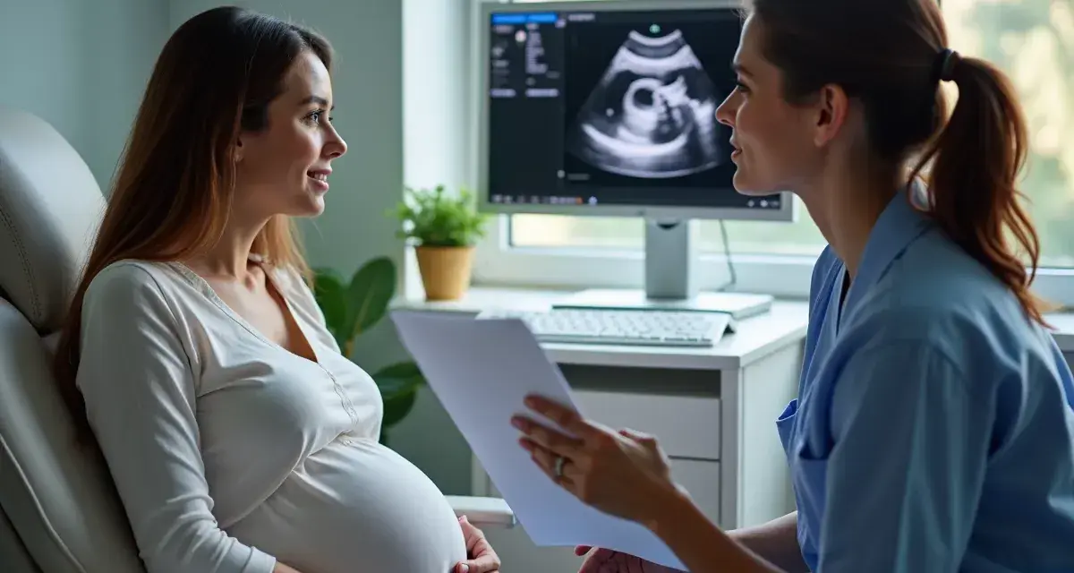 Ciężarna kobieta rozmawia z lekarką przy monitorze z badaniem USG płodu.