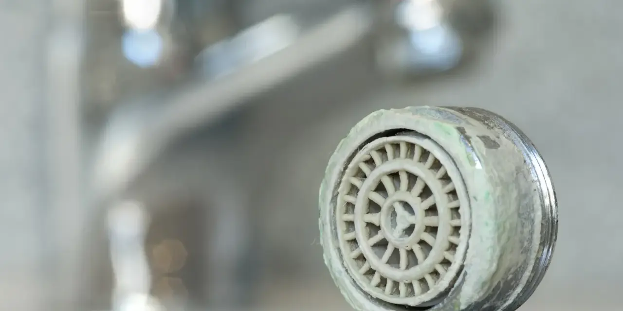 Zwapniony aerator kranu, który pokazuje, jak wyjąć sitko z kranu.