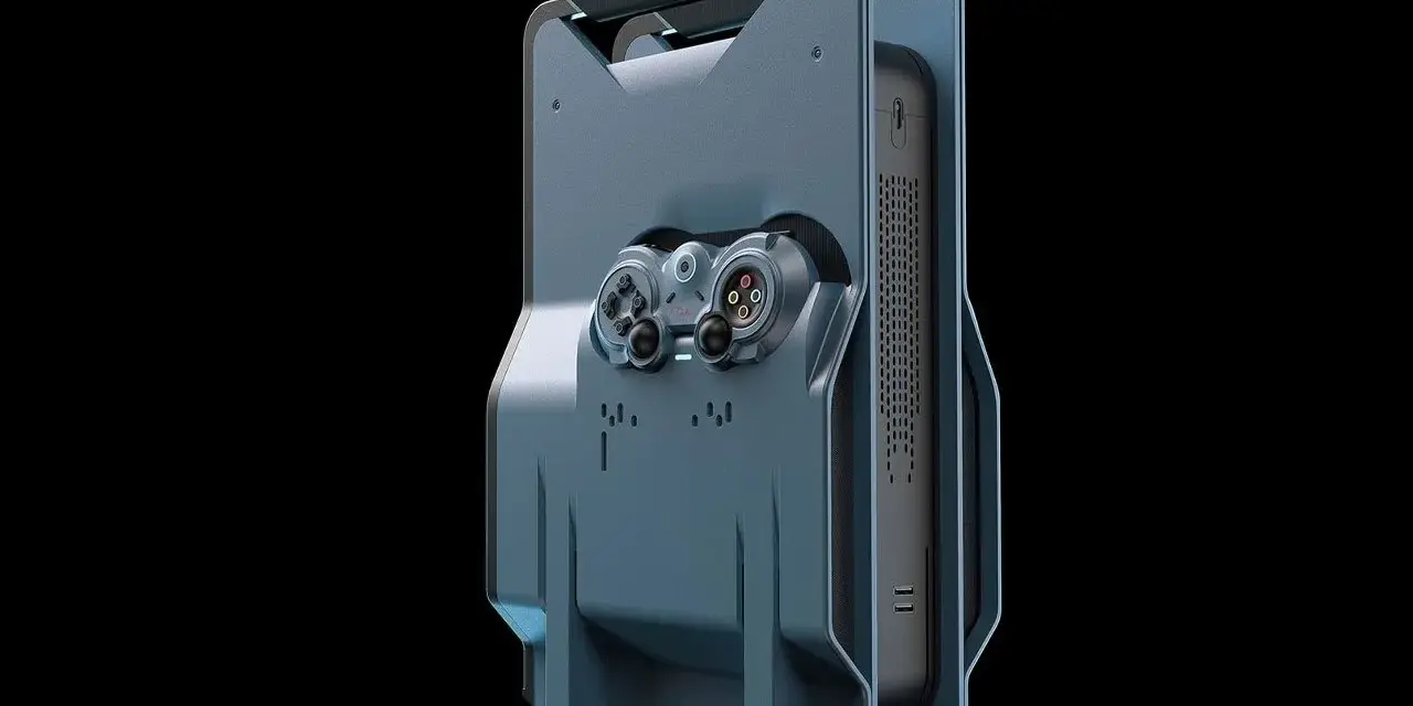 Futurystyczna konsola, przypominająca projekt playstation 6, z wbudowanym kontrolerem i futurystycznym designem.