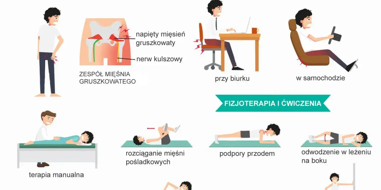 Ilustracja pokazuje zespół mięśnia gruszkowatego, jego przyczyny (długotrwałe siedzenie) i metody leczenia (fizjoterapia, ćwiczenia).
