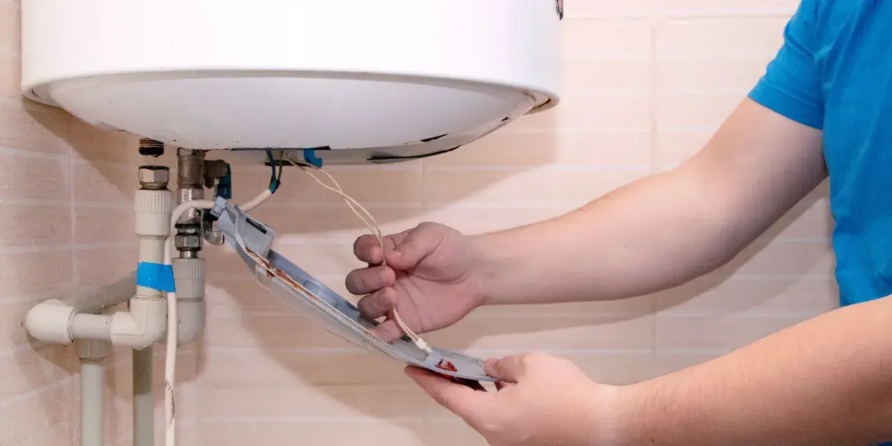 Main tenant vérifie son chauffe eau qui fait disjoncter. Il tient une pièce détachée avec des fils électriques.