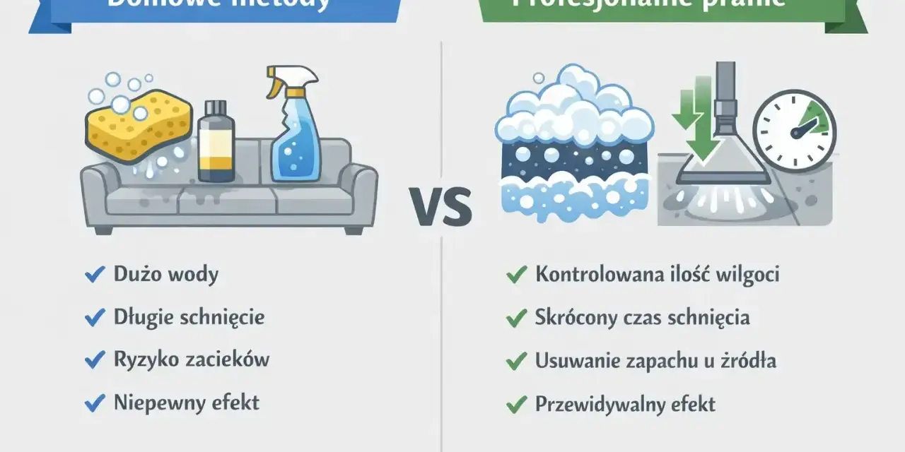Porównanie domowych metod prania krzeseł z profesjonalnym czyszczeniem. Domowe metody to dużo wody i długie schnięcie.