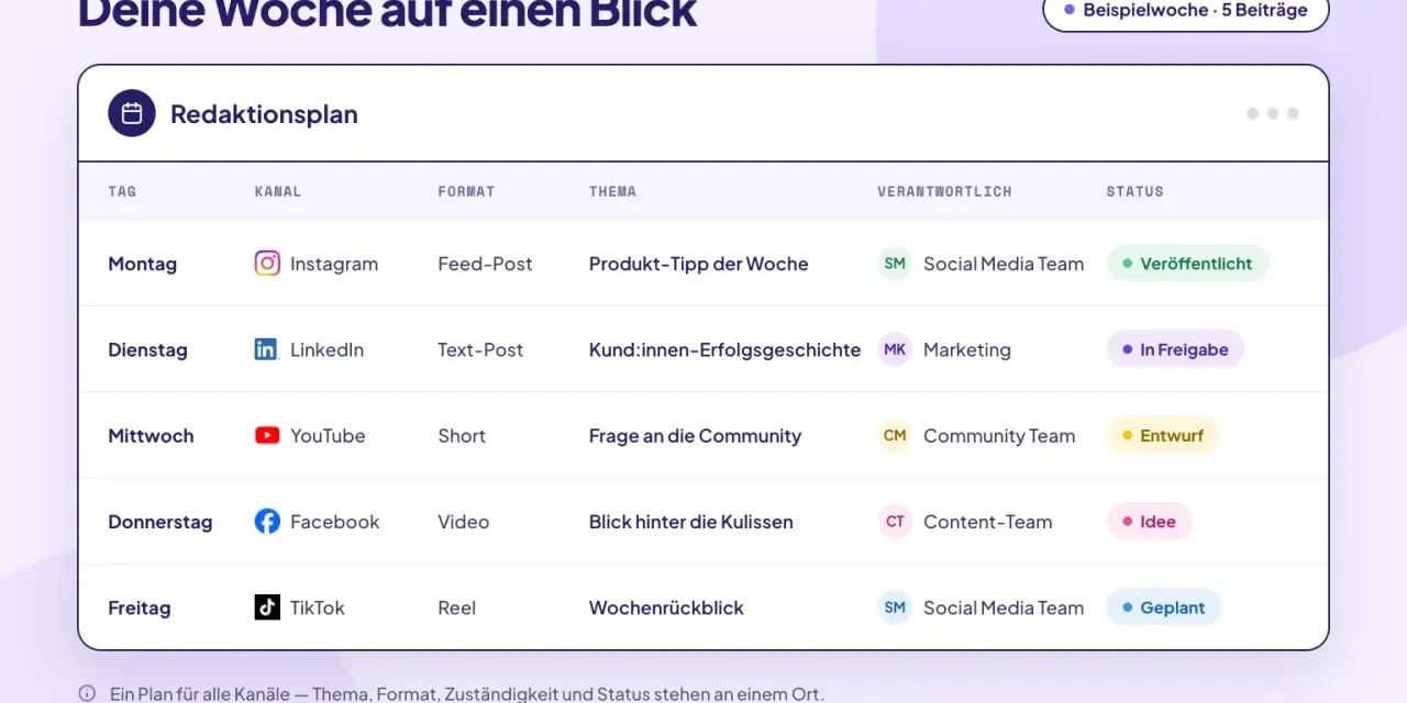 Ein Social-Media-Redaktionsplan für die Woche: Montag bis Freitag sind Posts für Instagram, LinkedIn, YouTube, Facebook und TikTok geplant.