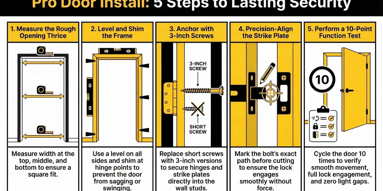 Learn how to hang a door with these 5 steps: measure, level, anchor, align strike plate, and test.