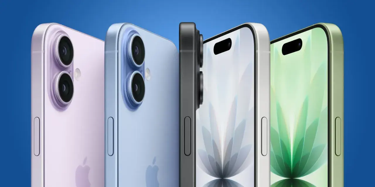 Fyra iPhones i olika färger, inklusive en lila och en ljusblå modell med dubbla kameror, samt en grå och en grön modell med Dynamic Island. Kanske en framtida iPhone SE4?