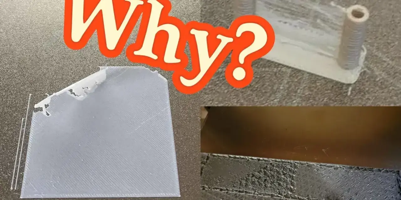 Problemy z drukiem 3D: dlaczego PETG vs PLA sprawia kłopoty? Widoczne nieudane wydruki i nitkowanie.