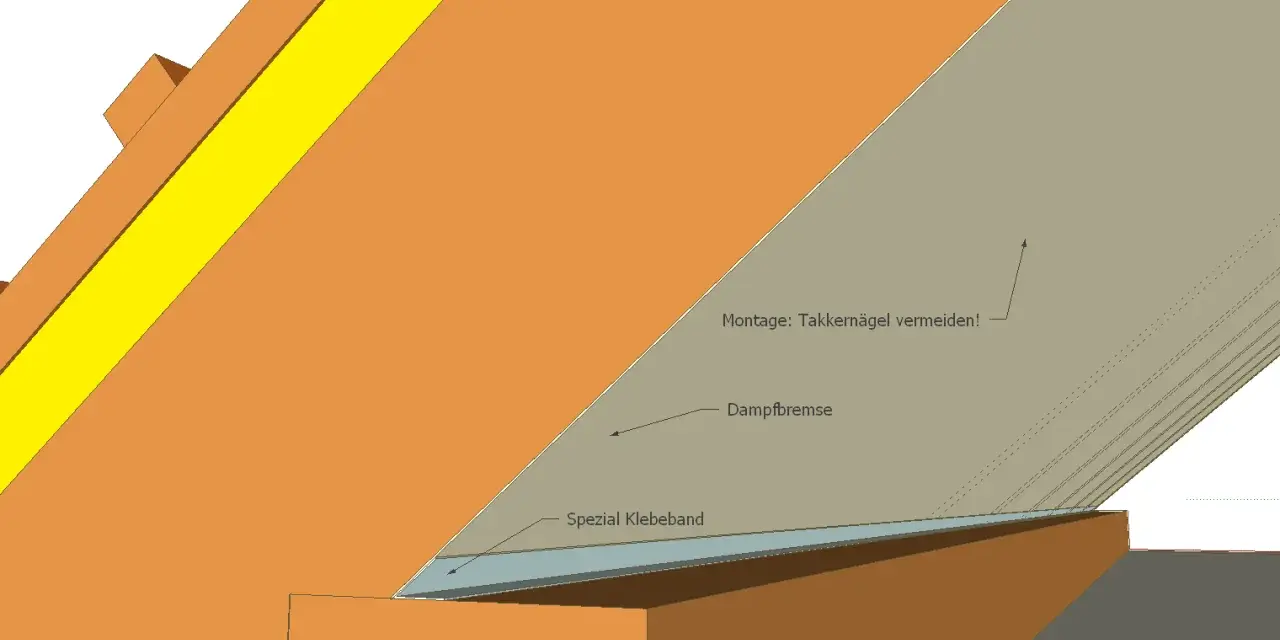 Detailansicht einer Dampfbremse am Dachboden, die mit Spezial Klebeband befestigt wird. Montagehinweis: Tackerklammern vermeiden!