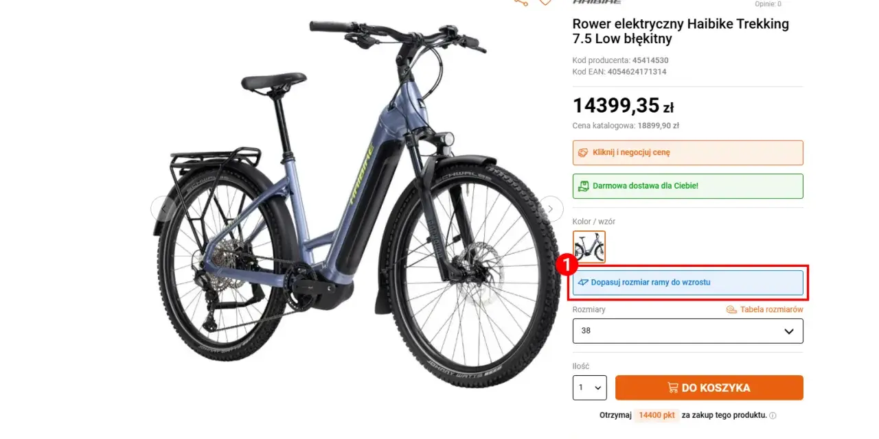 Błękitny rower elektryczny Haibike Trekking 7.5 Low. Wybierz rozmiar ramy dopasowany do wzrostu, np. 18 cali.