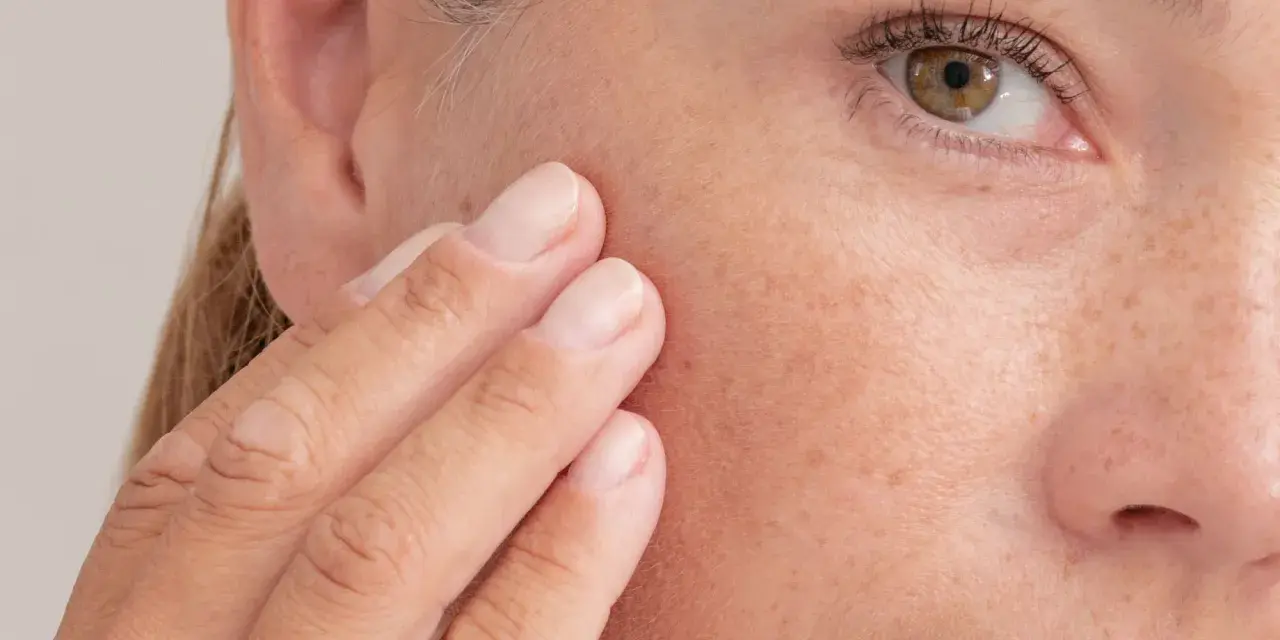 Dita sfiorano il viso, mostrando la texture della pelle e le lentiggini. Forse è il momento di applicare la pomata retinoica per un trattamento mirato.