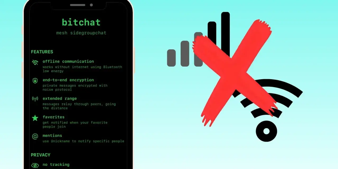 Bitchat App: Offline-Kommunikation mit Bluetooth ohne Internet. Rotes Kreuz über WLAN-Symbol.
