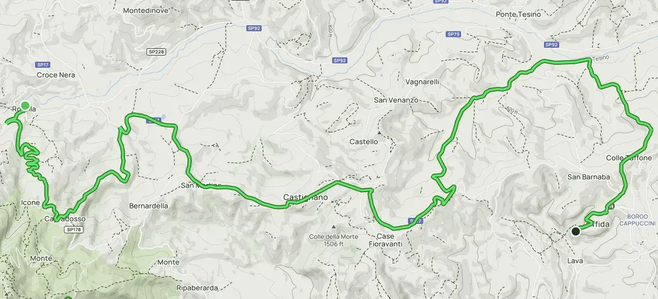 Mappa del cammino dei cappuccini, con sentiero verde che attraversa colline e borghi come Rola, Castiglione e Borgo Cappuccini.