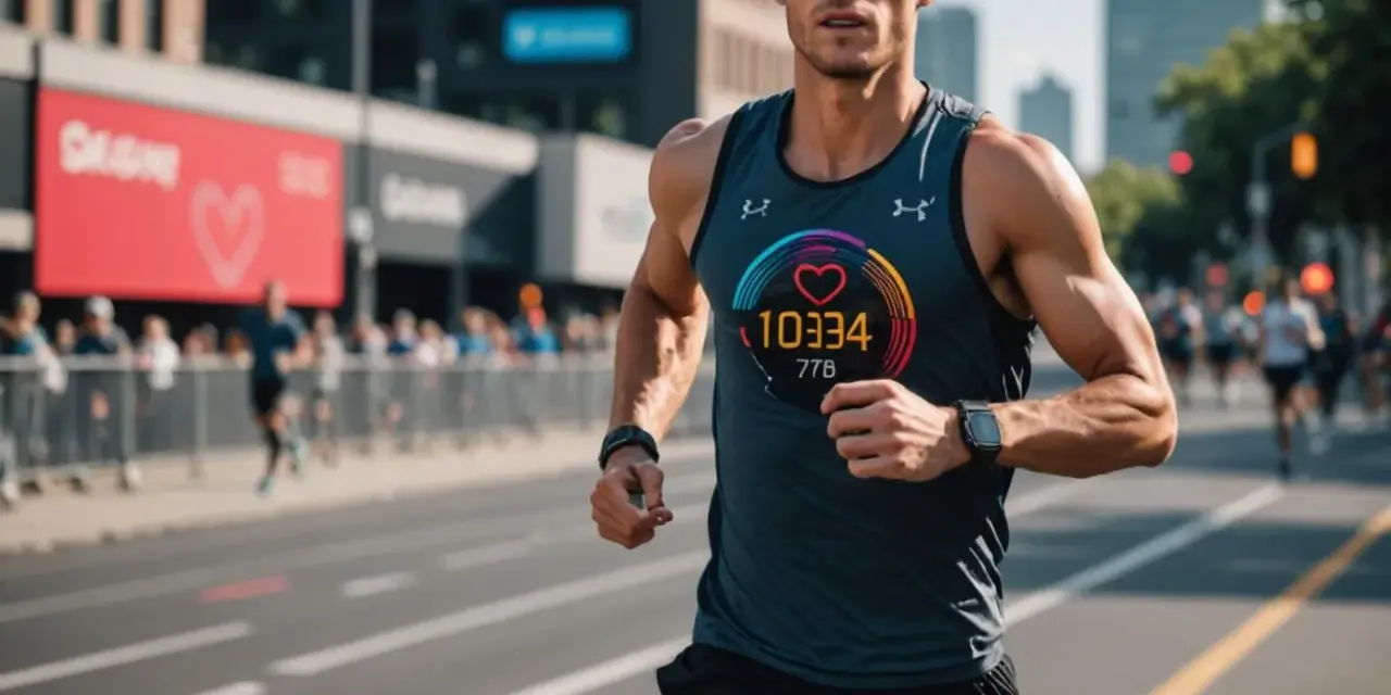 Biegacz podczas maratonu, monitorujący swoje tętno tlenowe na wyświetlaczu.