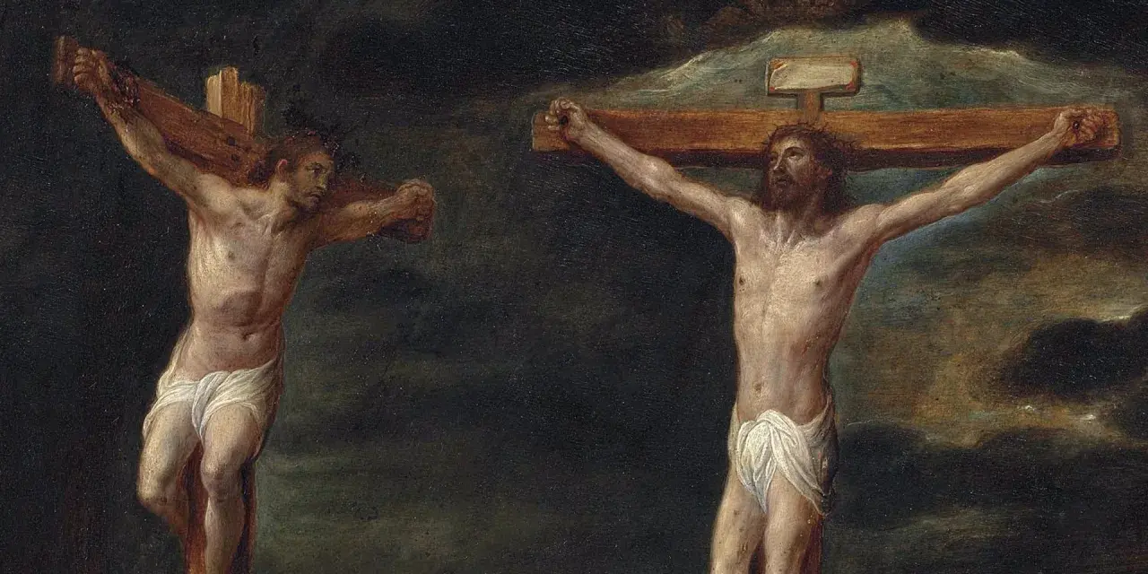 Jesus on the cross, with a repentant thief beside him, calls for change.