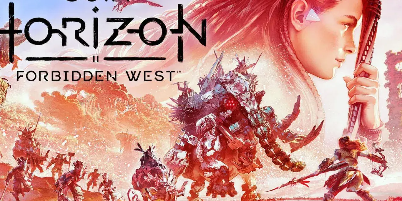 Aloy se enfrenta a un mamut mecánico en el arte de la guía de Horizon Forbidden West. ¡Conquista todas las máquinas para conseguir los trofeos!