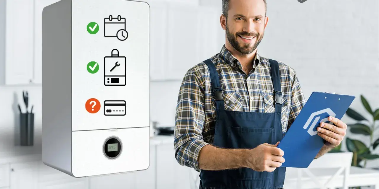 Un tecnico sorridente con appunti in mano illustra la pulizia caldaia a chi spetta, con icone di manutenzione e pagamento.