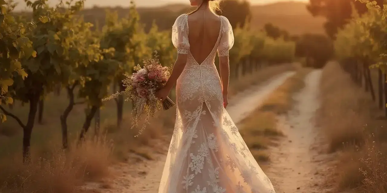 Mariée dans une robe de dentelle, bouquet à la main, marchant dans un vignoble au coucher du soleil. La longueur des brides de la robe souligne sa silhouette.