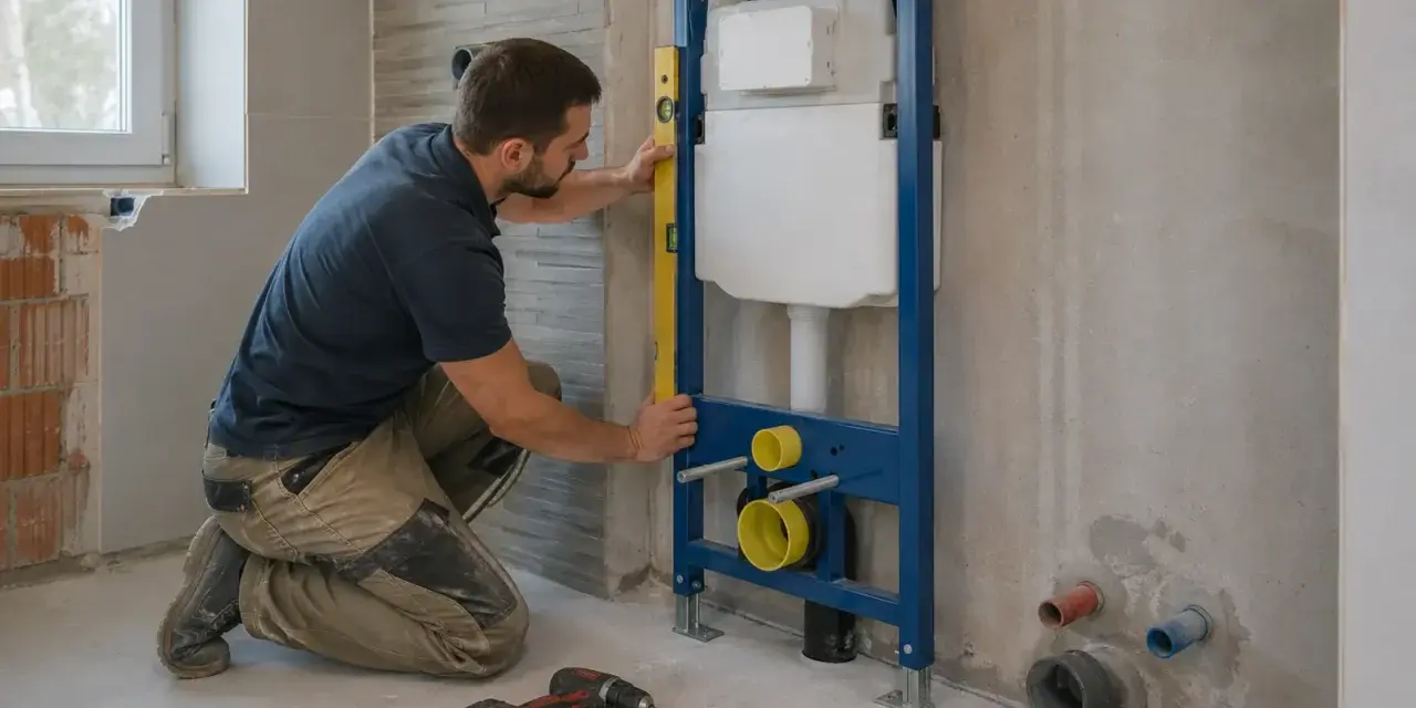 Instalator sprawdza pion przedścianki podtynkowej do WC.