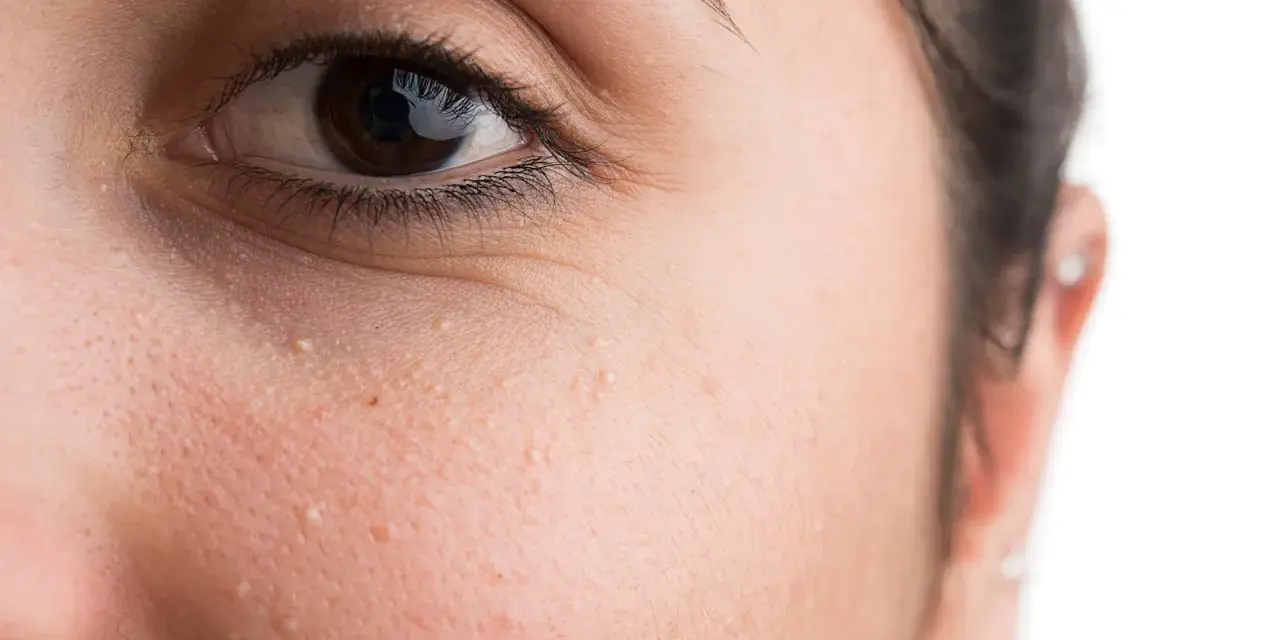 Nahaufnahme eines Auges mit kleinen weißen Milien unter dem Auge, die entfernt werden sollen.