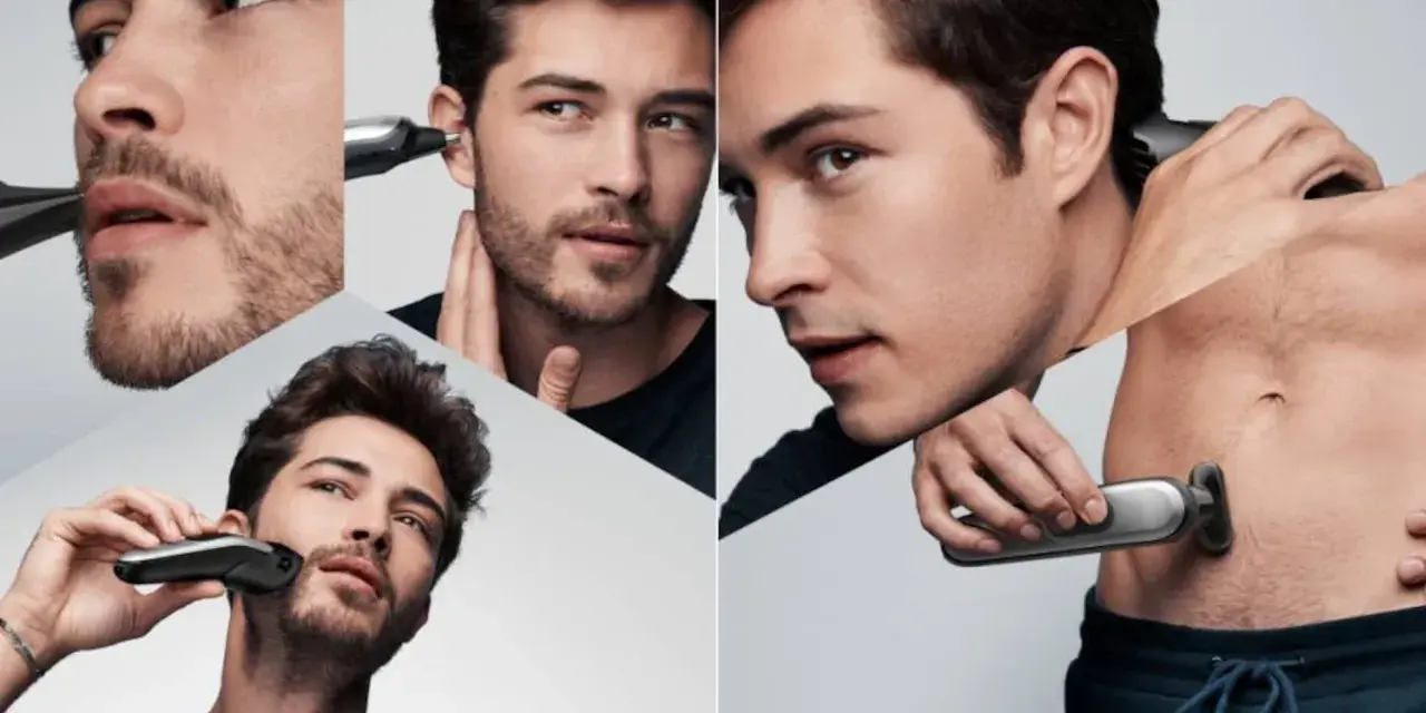 Hombres usando recortadora para barba, orejas y cuerpo. Descubre cada cuanto afeitarse para un look impecable.