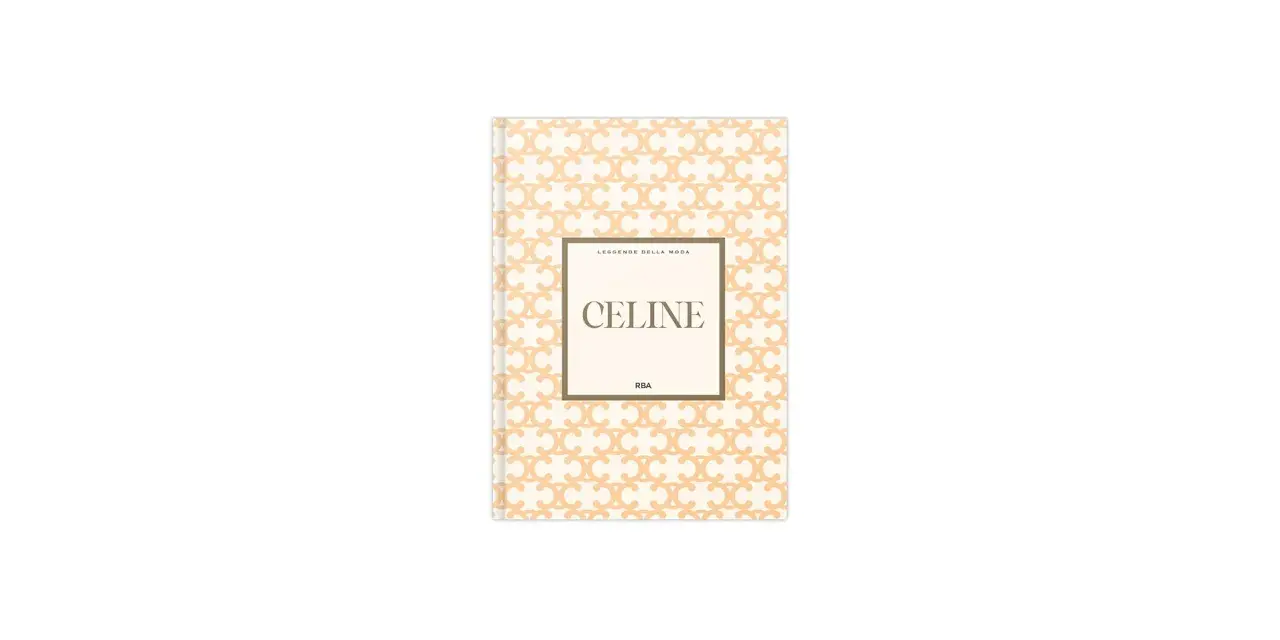 Copertina di un libro sul marchio Celine, con un motivo a "C" intrecciate e il nome del brand in evidenza.