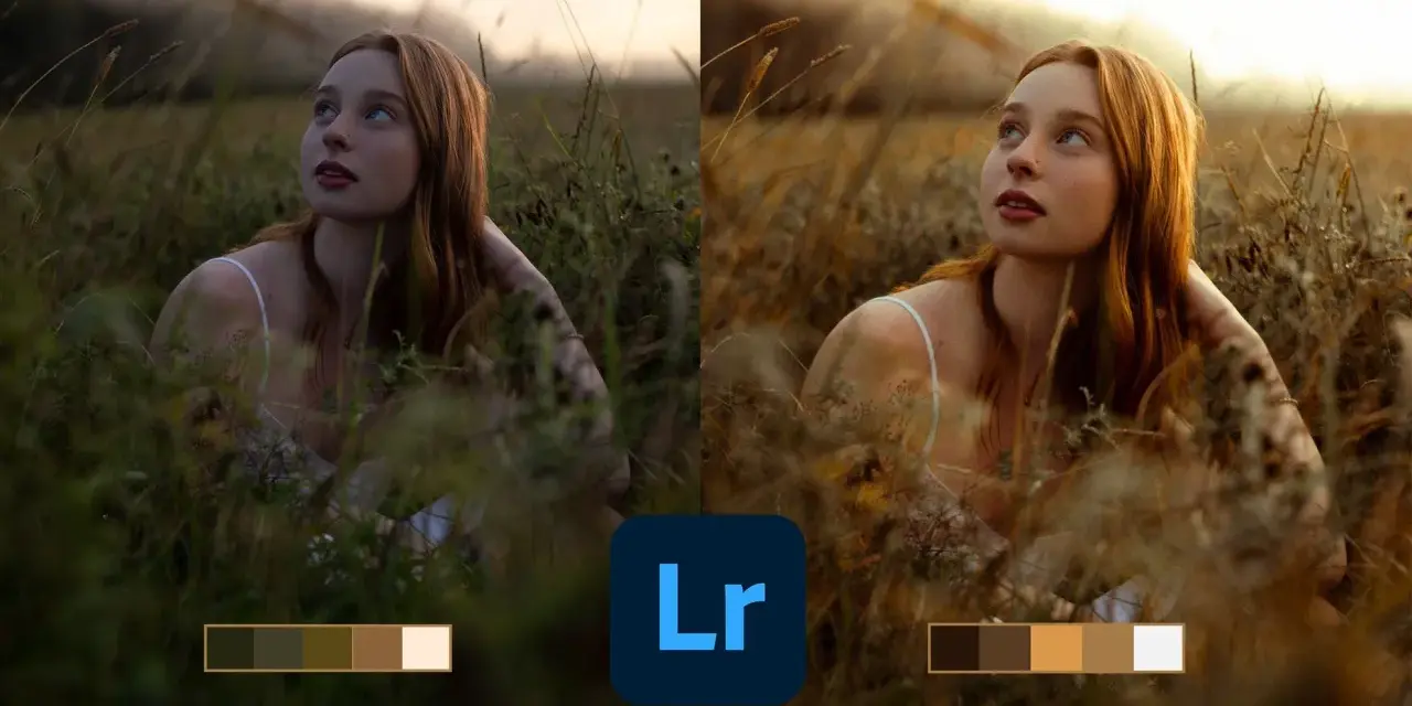 Jeune femme rousse dans l'herbe, avant et après retouche ia lightroom. Palette de couleurs chaudes et douces.