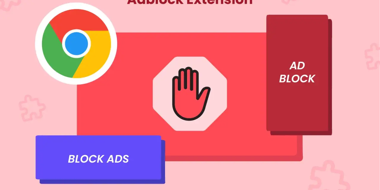 Logo Chrome, symbol stop i napis "Adblock Extension" sugerują przeglądarkę bez reklam.