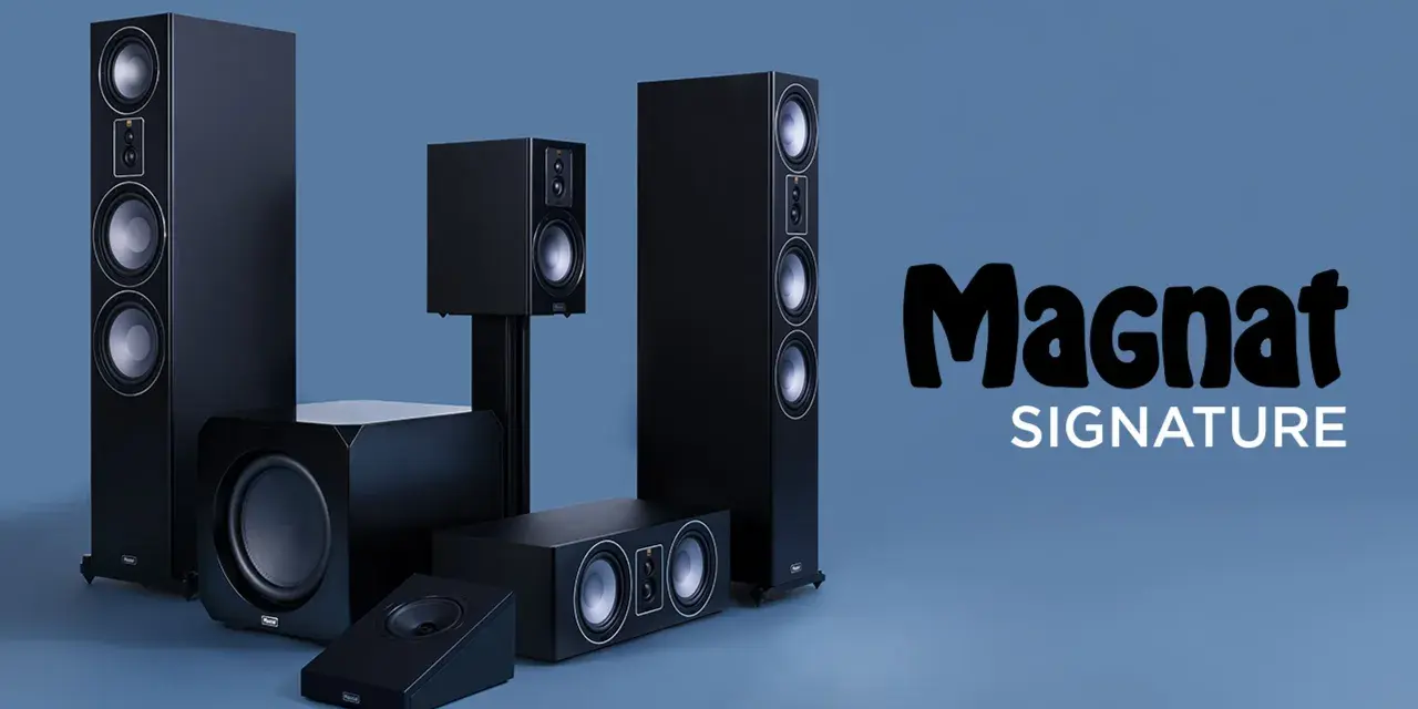 Zestaw czarnych głośników Magnat Quantum 605, w tym kolumny podłogowe, subwoofer i głośniki centralne, prezentuje się elegancko na niebieskim tle.