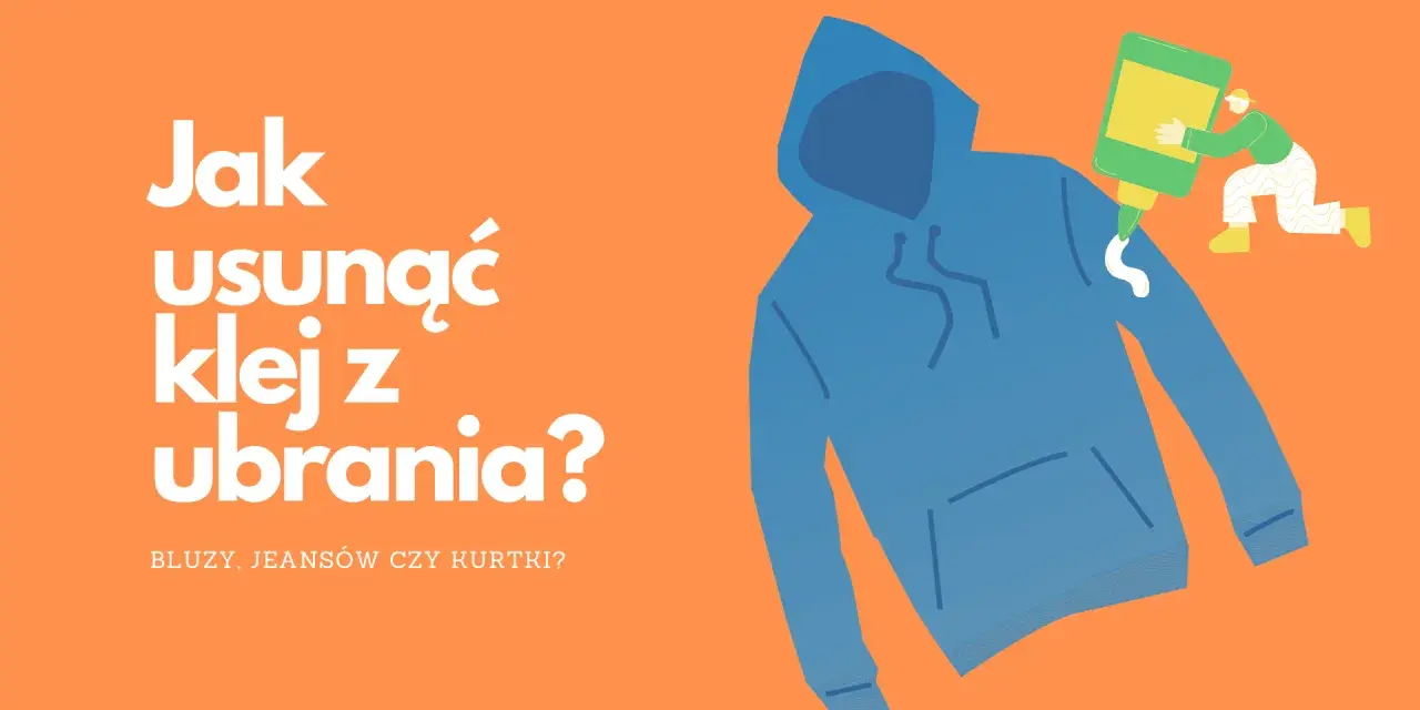 Jak usunąć klej z ubrania? Mała postać aplikuje środek na niebieską bluzę z kapturem.