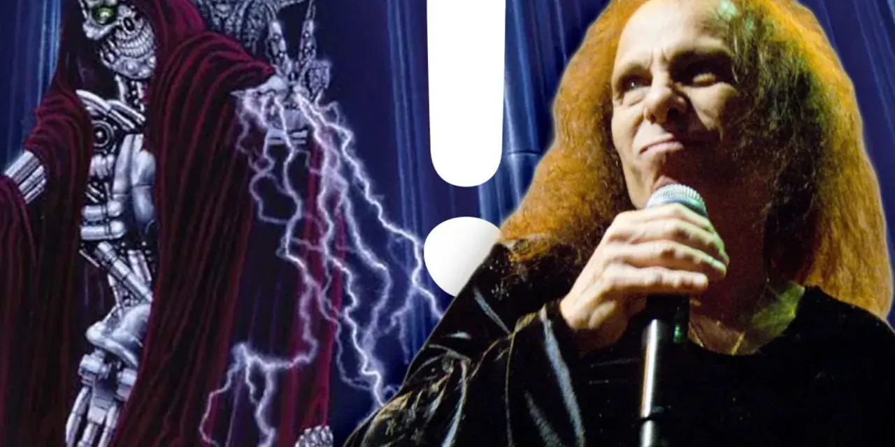 Ronnie James Dio, mit seinem ikonischen roten Haar, singt ins Mikrofon, während im Hintergrund eine düstere, metallische Figur mit Blitzentladungen zu sehen ist, passend zum Titel von Ronnie James Dio.
