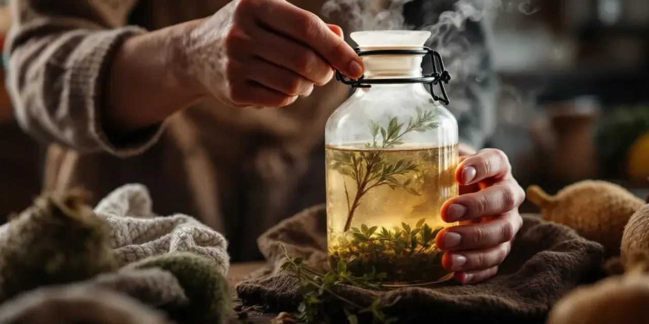 Préparation d'une bouillotte maison avec des herbes infusées dans un bocal en verre fumant.
