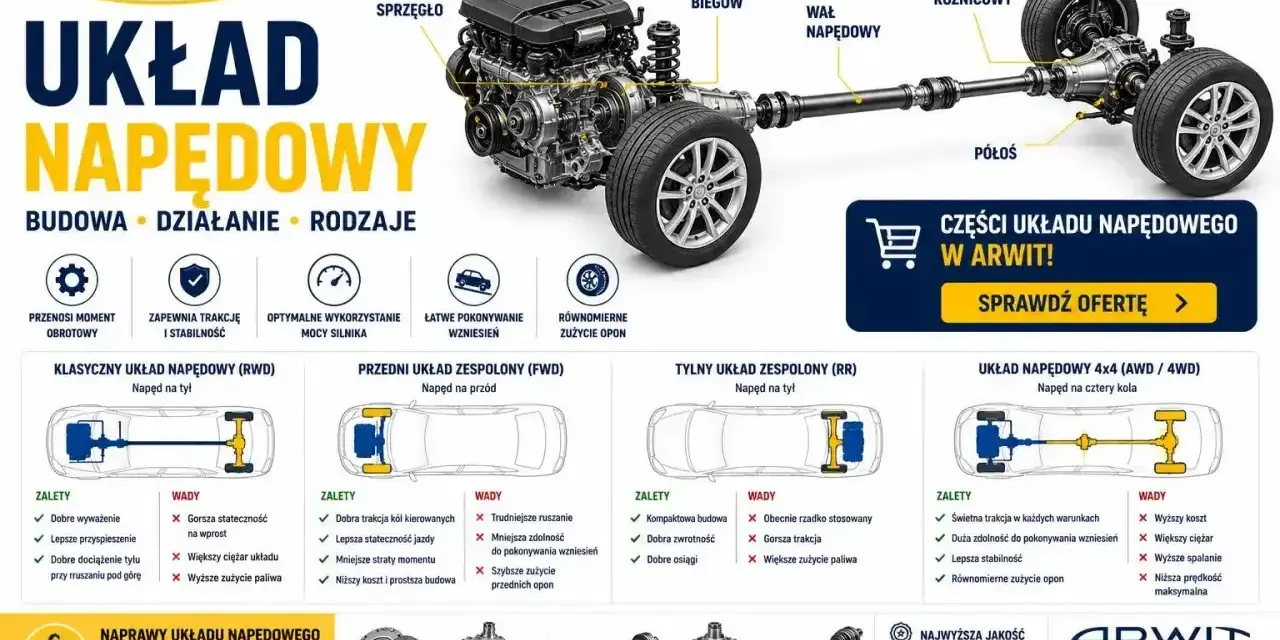 Schemat układu napędowego auta: silnik, skrzynia biegów, wał napędowy, mechanizm różnicowy, półosie.