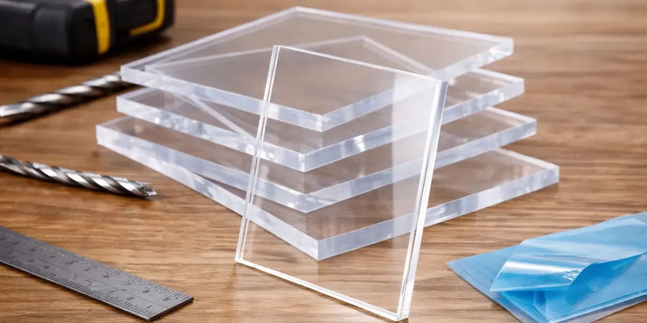 Stack of clear acrylic sheets, showcasing their plexiglass strength. Tools like a tape measure, drill bits, and ruler suggest a project in progress.