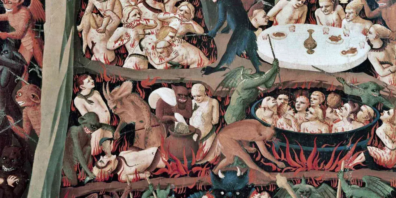 Piekło pełne potępionych dusz, torturowanych przez demony. Sceny ukazują grzech sodomski i inne występki, za które dusze cierpią wieczne męki.