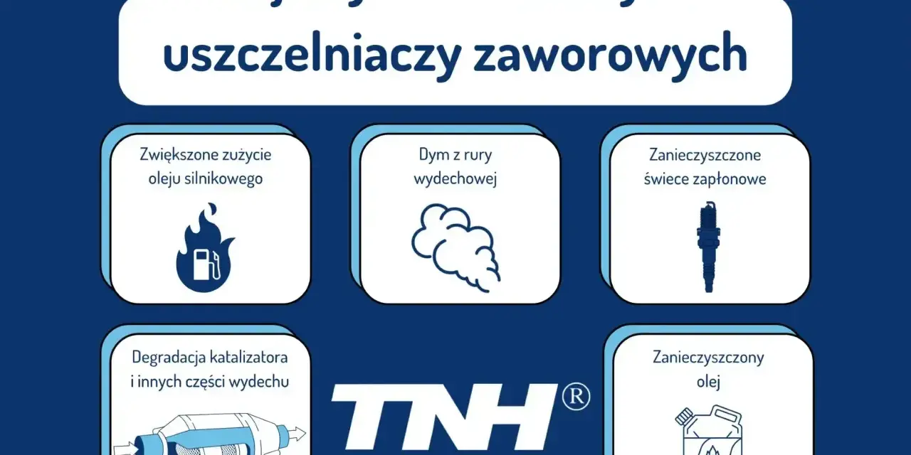 Objawy uszkodzonych uszczelniaczy zaworowych: dym z wydechu, zwiększone zużycie oleju, zanieczyszczone świece i katalizator.