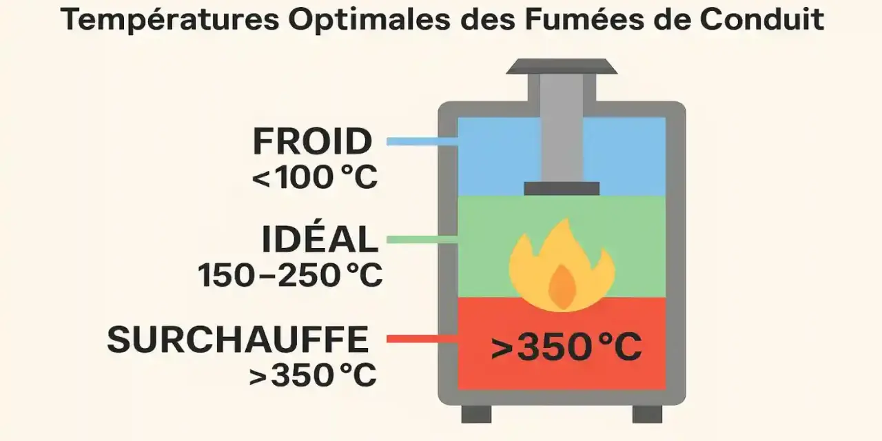 Diagramme montrant les températures idéales pour le rendement d'un poêle à bois : froid (<100°C), idéal (150-250°C) et surchauffe (>350°C).